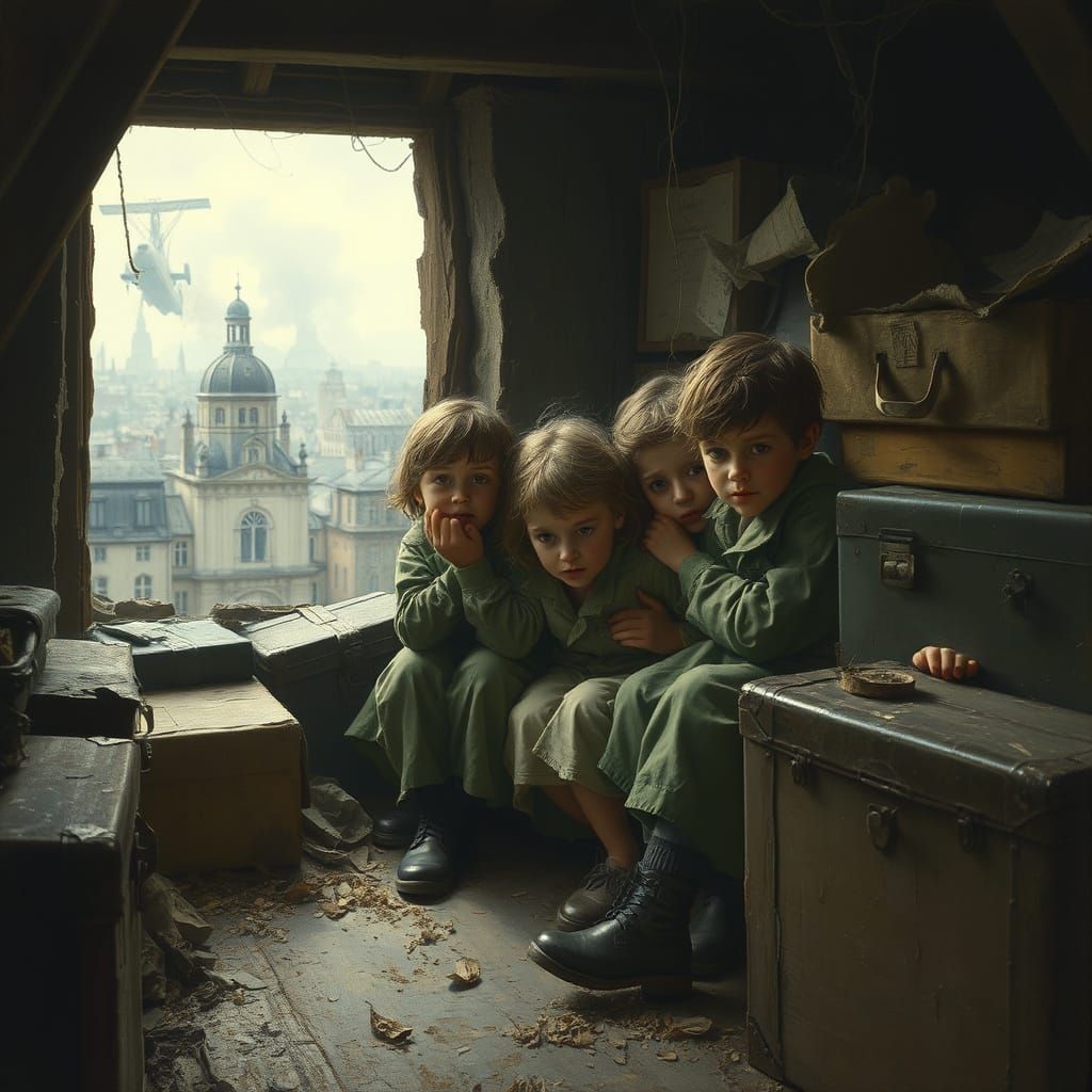 Children Hiding in a War-Torn Attic