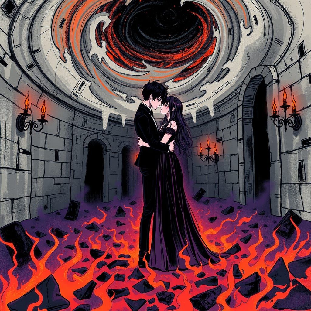 Goth Couple Embracing in a Swirling Vortex of Ashes