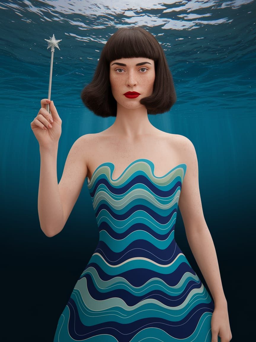 Woman with Magic Wand in Abstract Underwater Scene