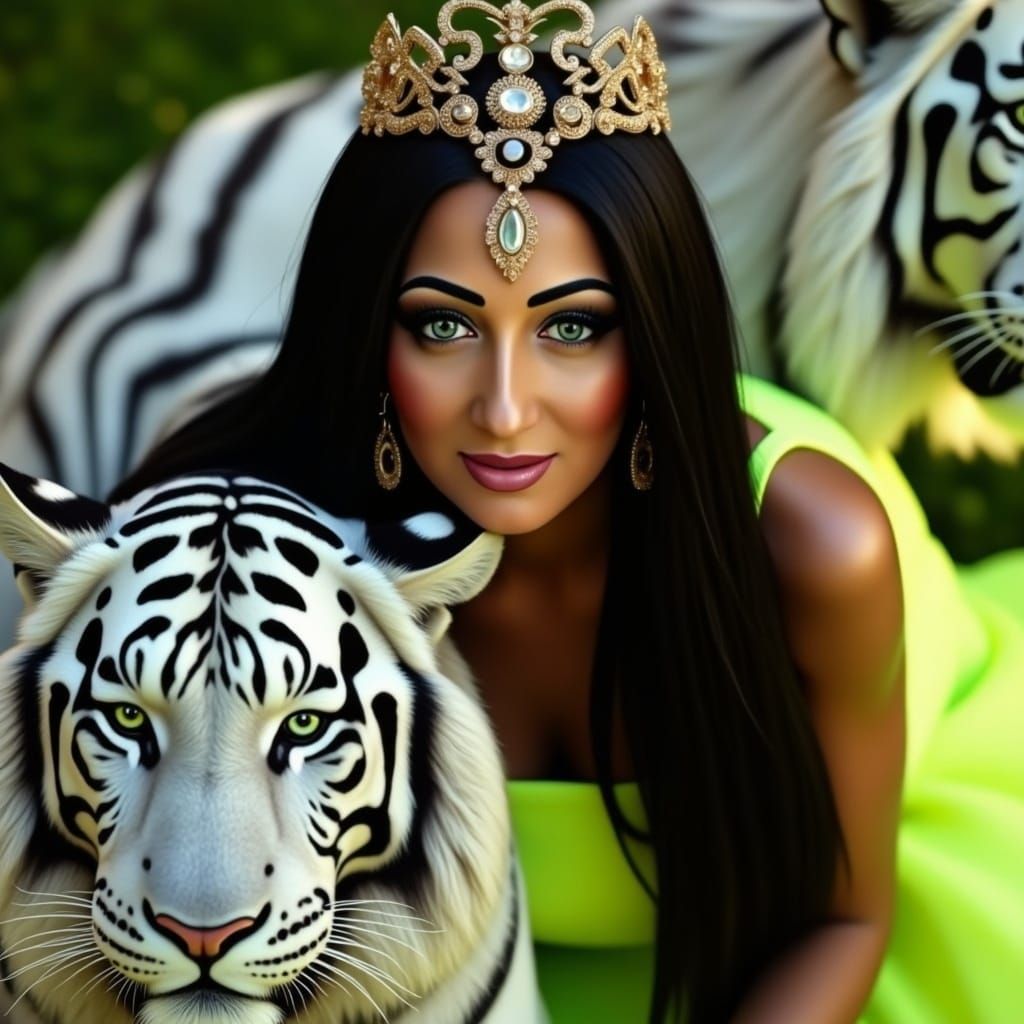 Polish Woman in Lime Dress with White Tiger