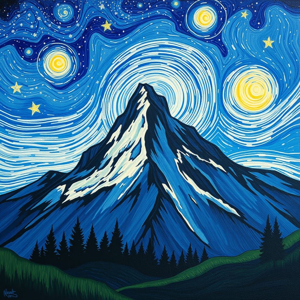 Mountain in Starry Night Style Painting