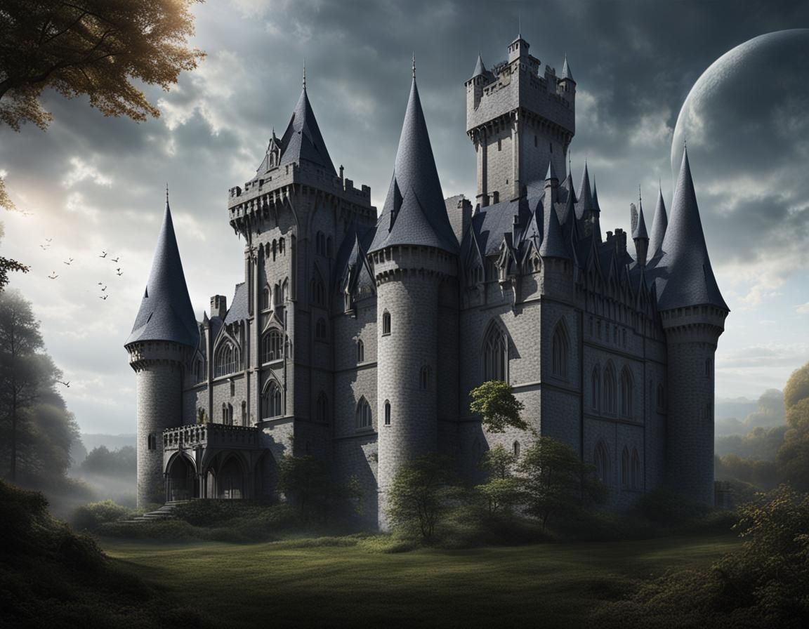 a Gothic-style castle with an airy view, emphasizing its mysterious nature.2