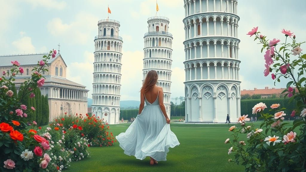 Woman in Dreamy Impressionist Garden Before Leaning Tower of...