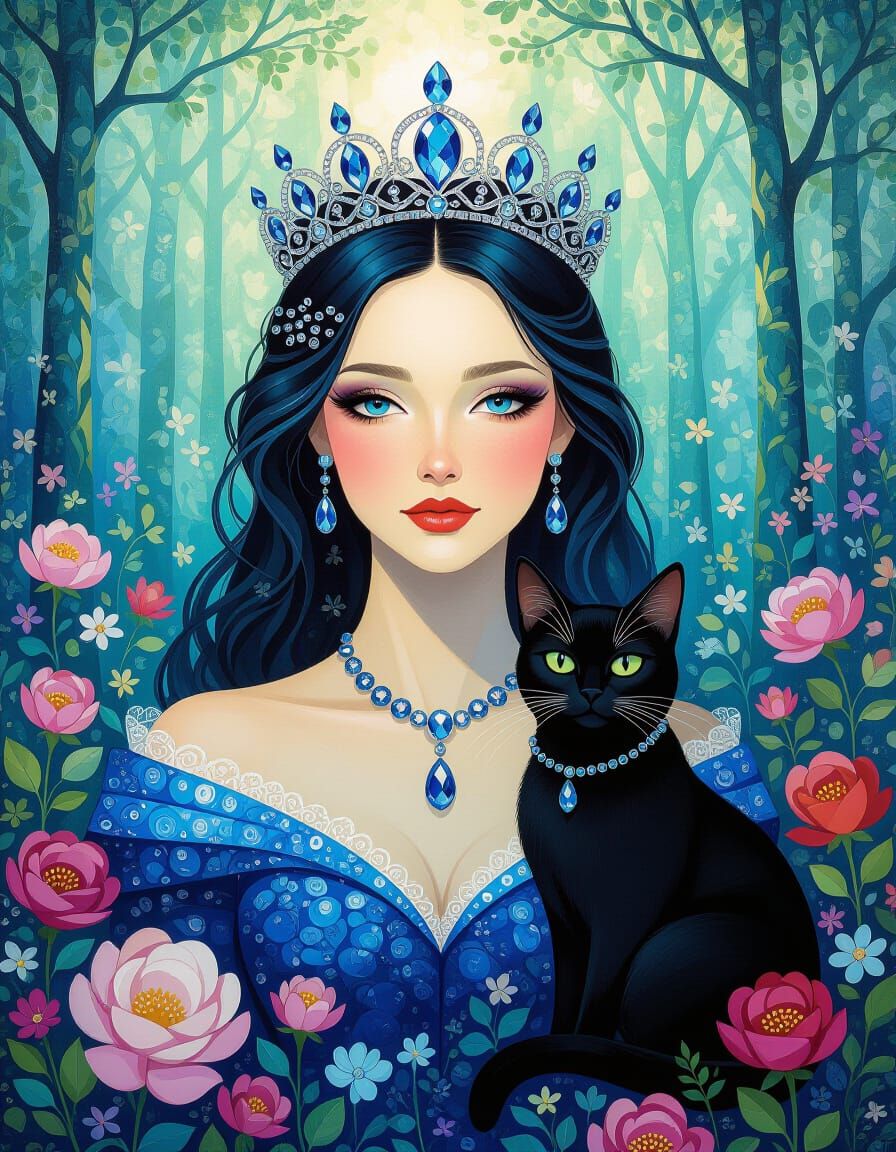 Sapphire Queen with Cat in Post-Impressionistic Style