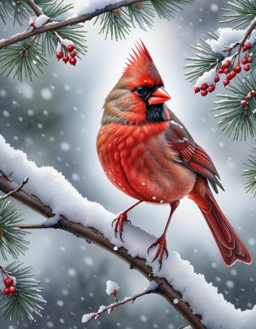 Cardinal Bird on Snowy Branch Watercolor Painting
