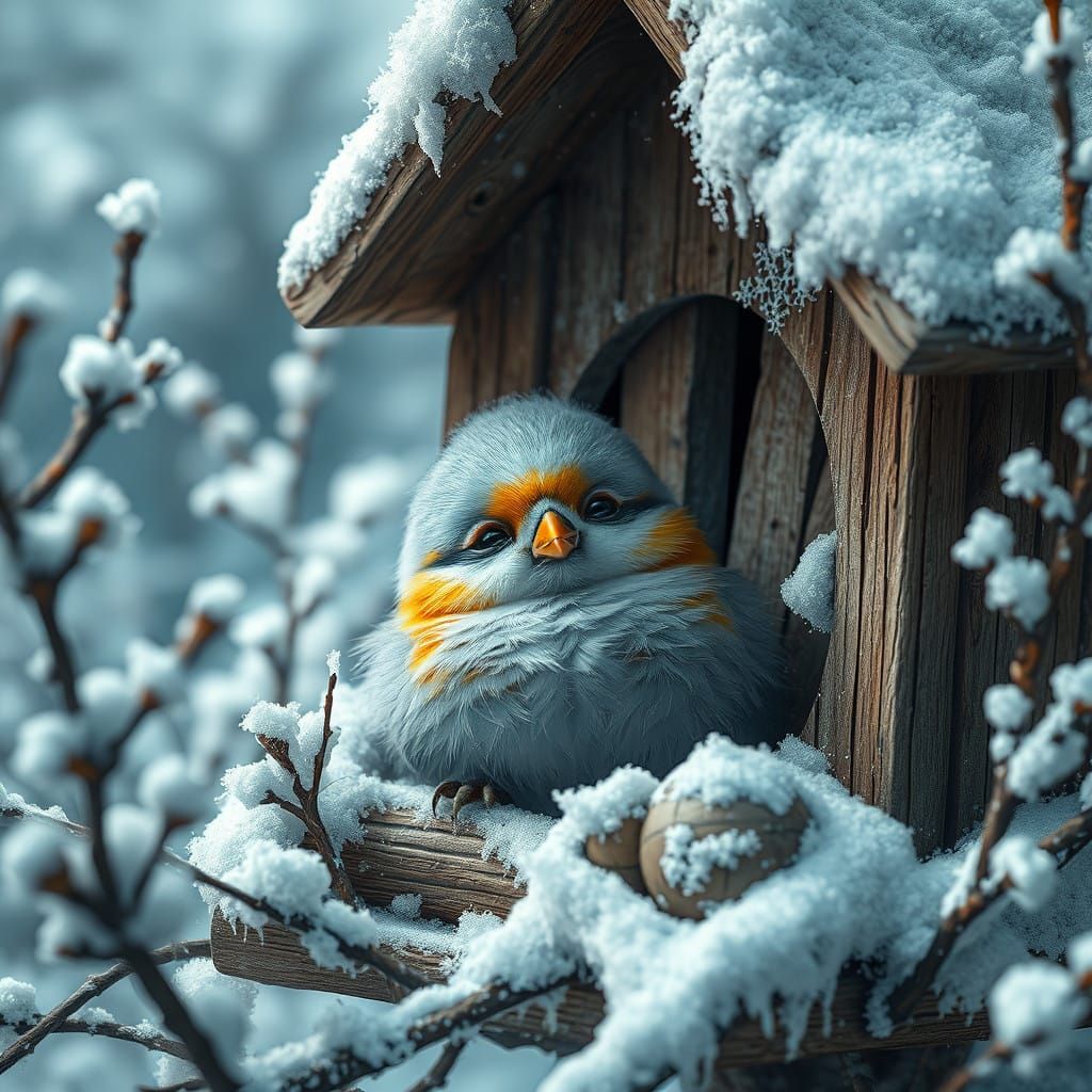 Distraught Baby Bird in Shattered Snow-Covered Birdhouse Win...
