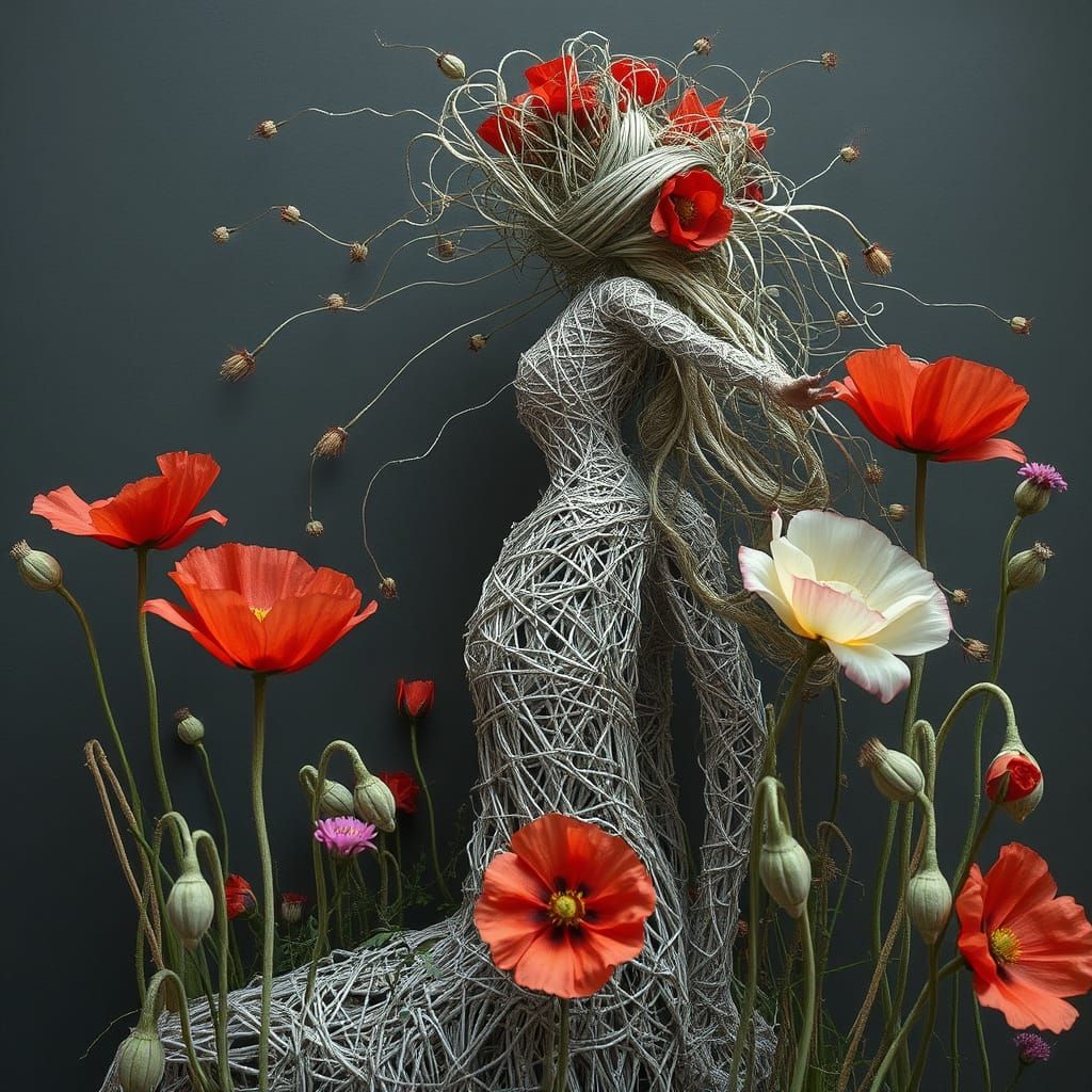 Eco-Art Woman Sculpture of Grass, Bark and Flowers