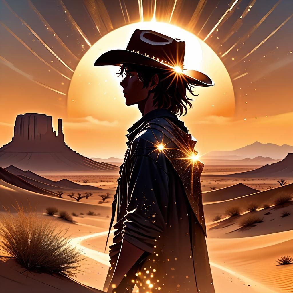 Silhouetted Boy at Desert Sunrise: Ukiyo-E Illustration