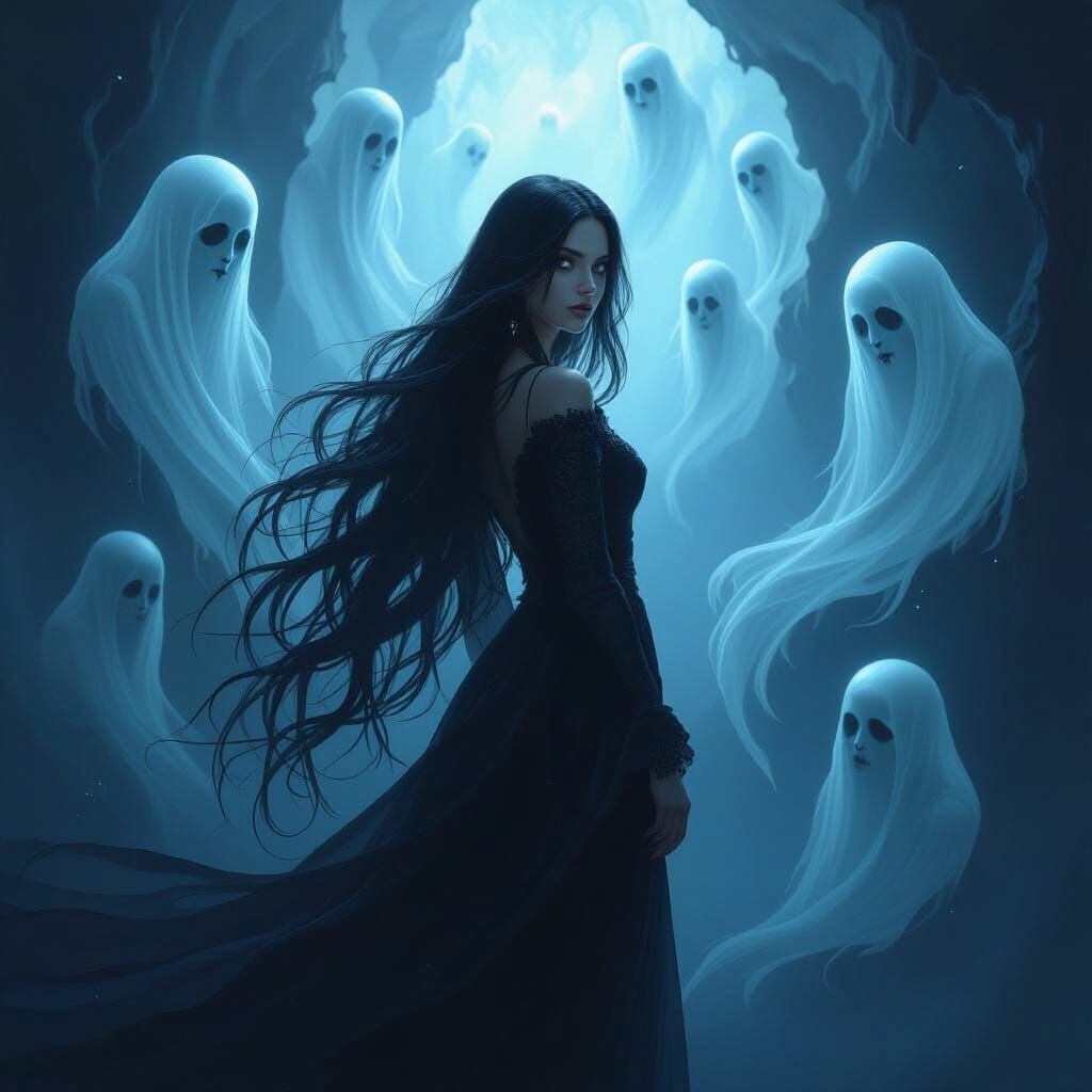 Dark Fantasy Concept Art of Woman in Abyss with Ghosts