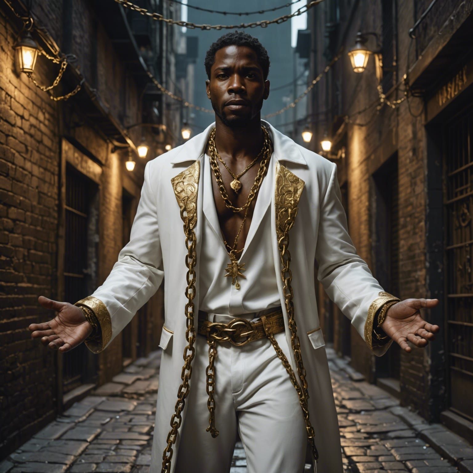 Mysterious Figure in White and Gold with Chains