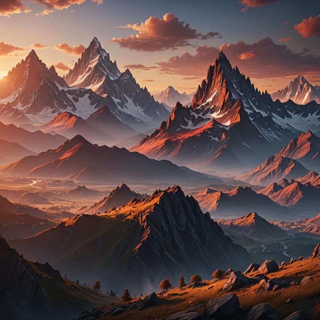 Fantastical Sunset Over Mountains in Matte Painting Style