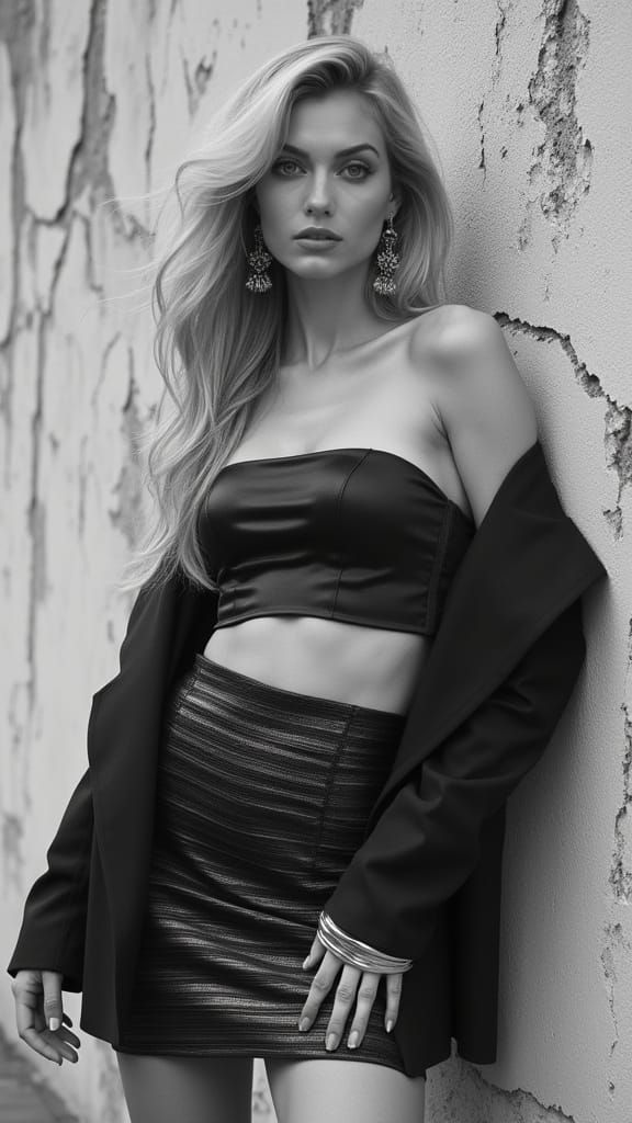 Elegant Blonde Poses Against Textured Wall in Monochrome