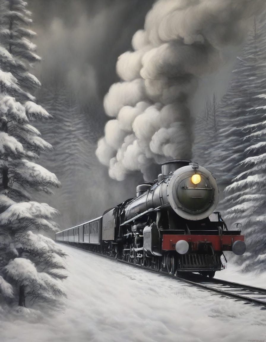 Moody Winter Train Charcoal Drawing