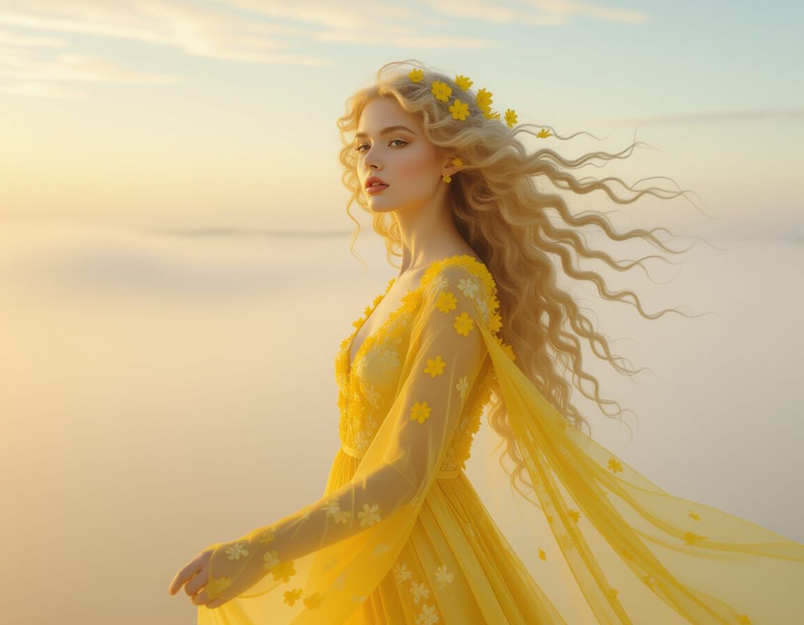 Ethereal Blonde Woman in Golden Tunic with Yellow Flowers