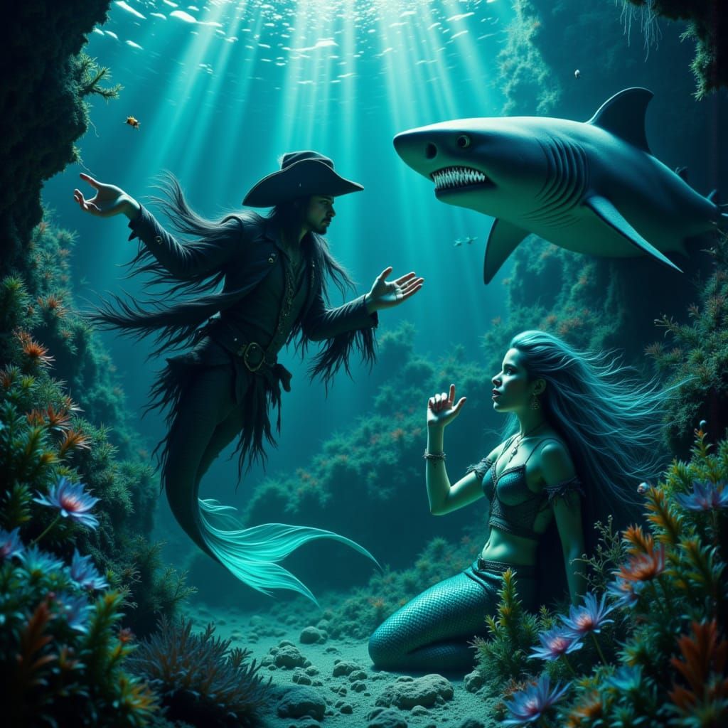 Pirate Encounters Mermaid and Shark in Surreal Ocean