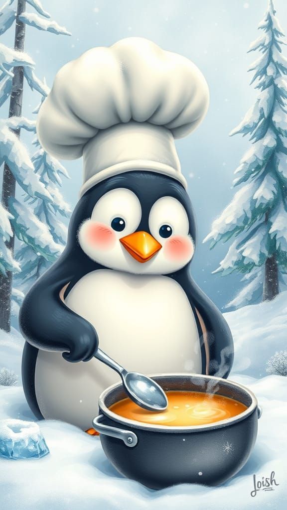 Fluffy Penguin Chef Stirring Soup in Snowy Landscape