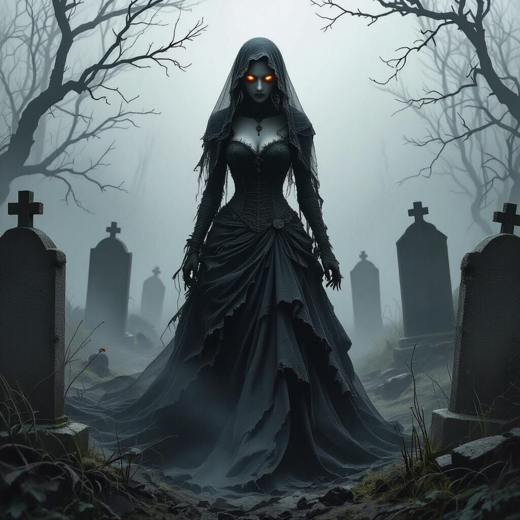 Ethereal Spectral Bride Emerges from Graveyard Fog