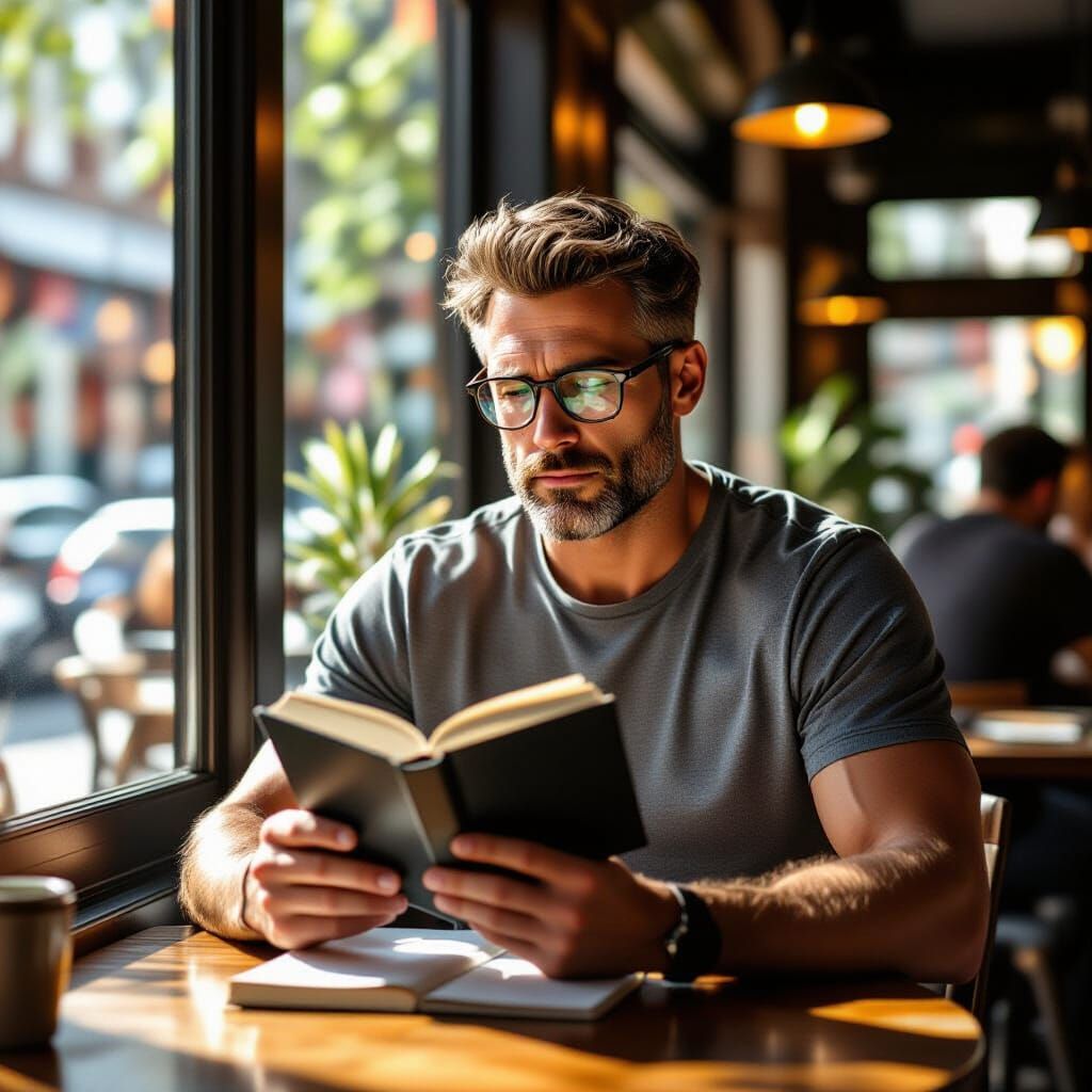 Muscular Man Reading in Coffee Shop, Cinematic Lighting
