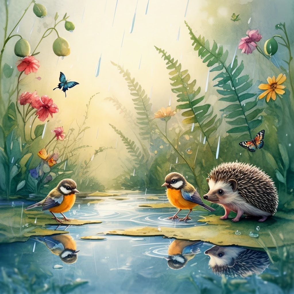 Pastel Birds Splashing in Rainy Garden Watercolor