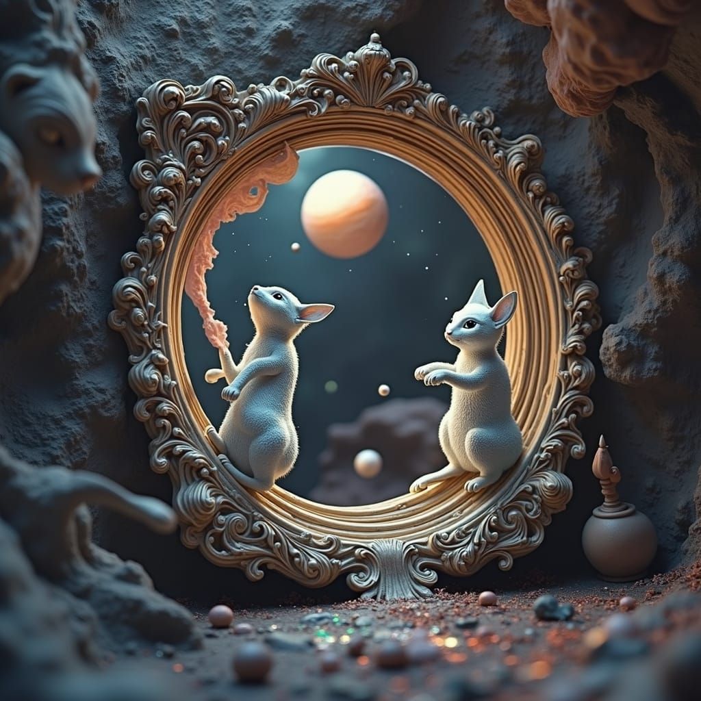 Ethereal Paper Cats Play in Mirrored Dreamscape