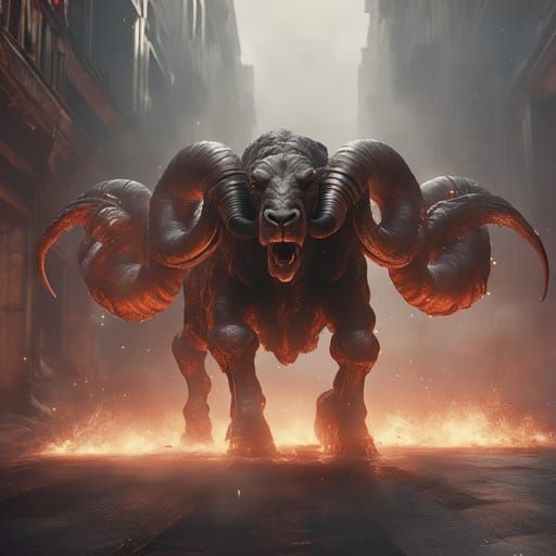 Muscular Ram Amid Hellfire on Broken Street