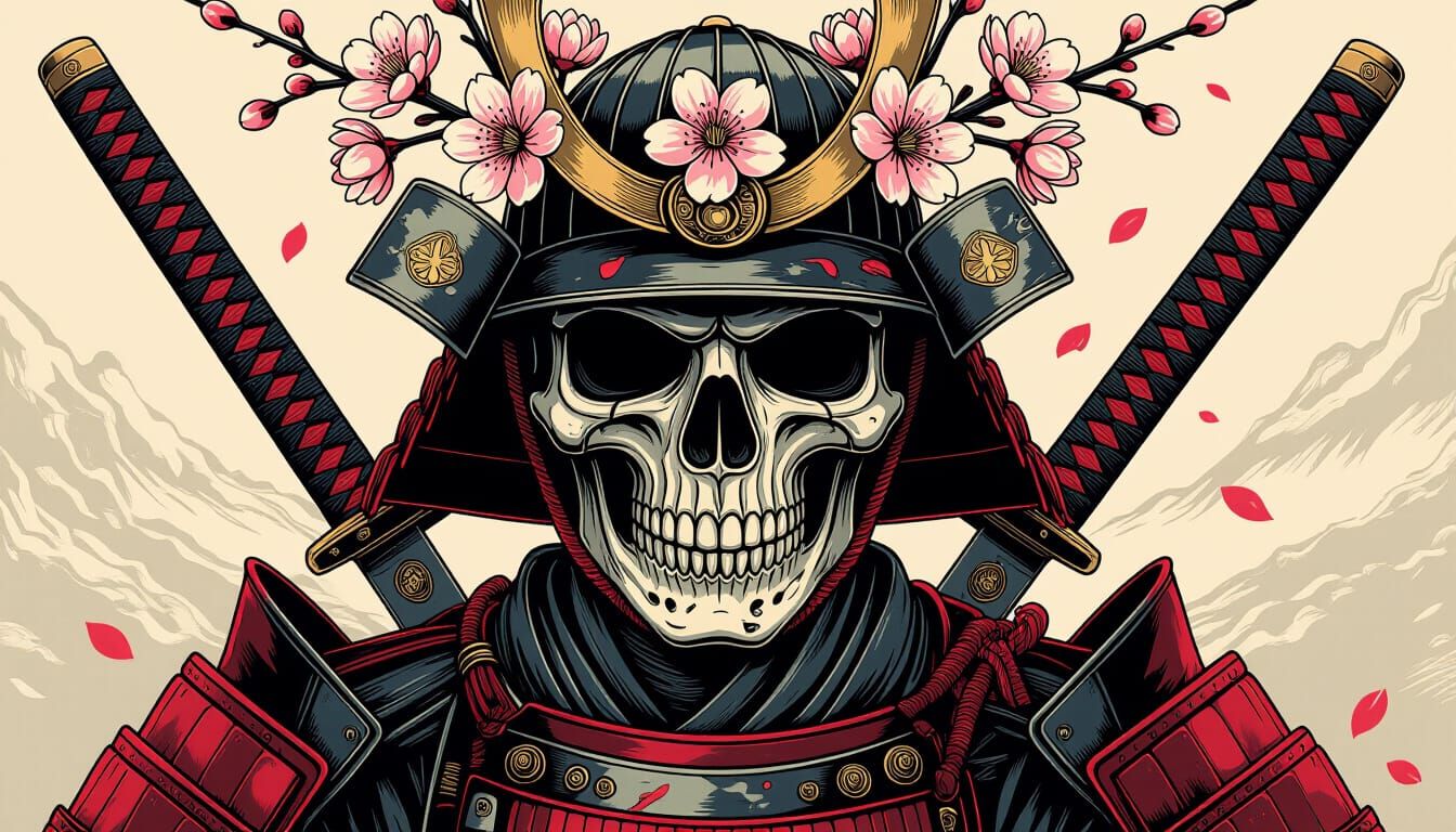 Samurai Skull with Cherry Blossoms in Tattoo Art Style