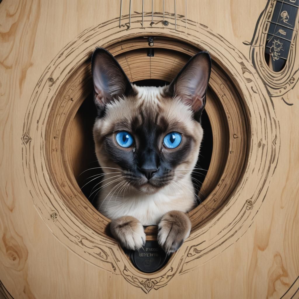 Siamese Cat in Martin Guitar: Hyperrealistic Portrait