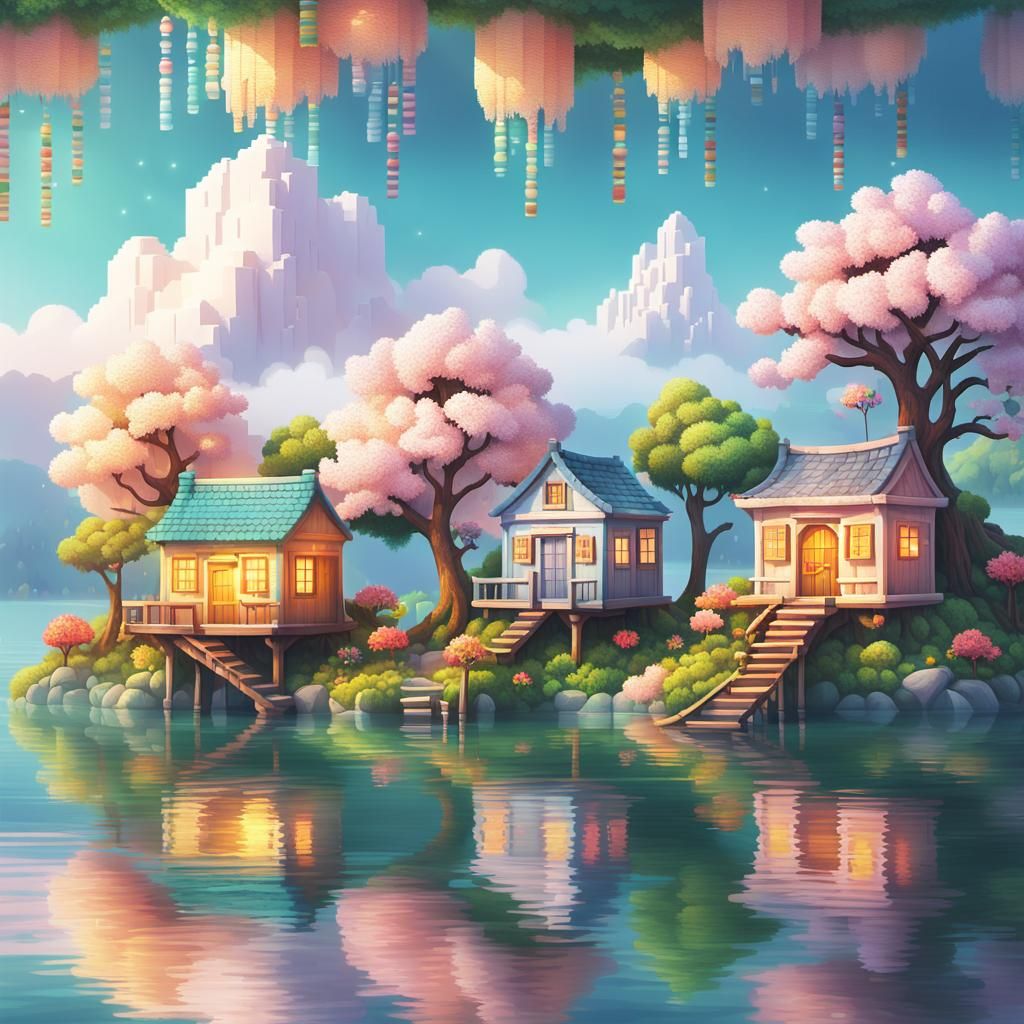 Pixel Art Island in Serene Lake