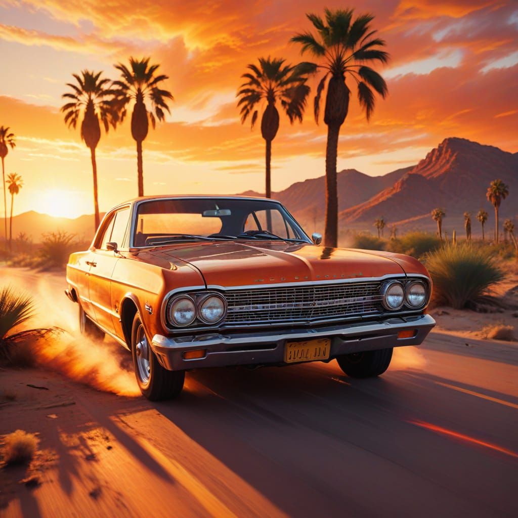 Classic Car on Desert Road in Oil Painting Style
