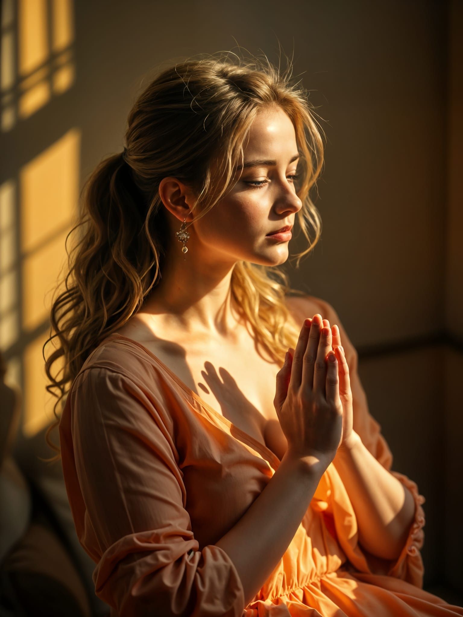 Cinematic Portrait of Pretty Woman Praying