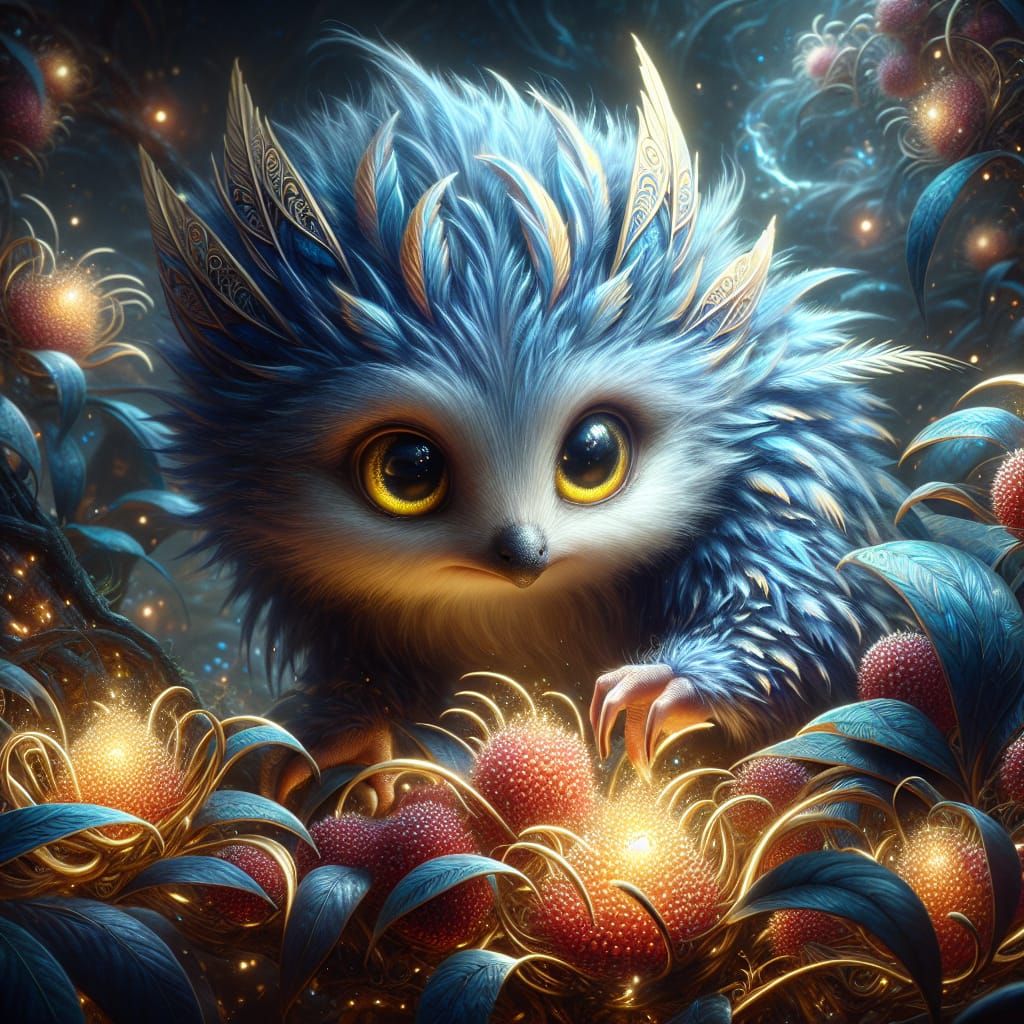 Blue Feathered Creature Foraging in Mystical Forest