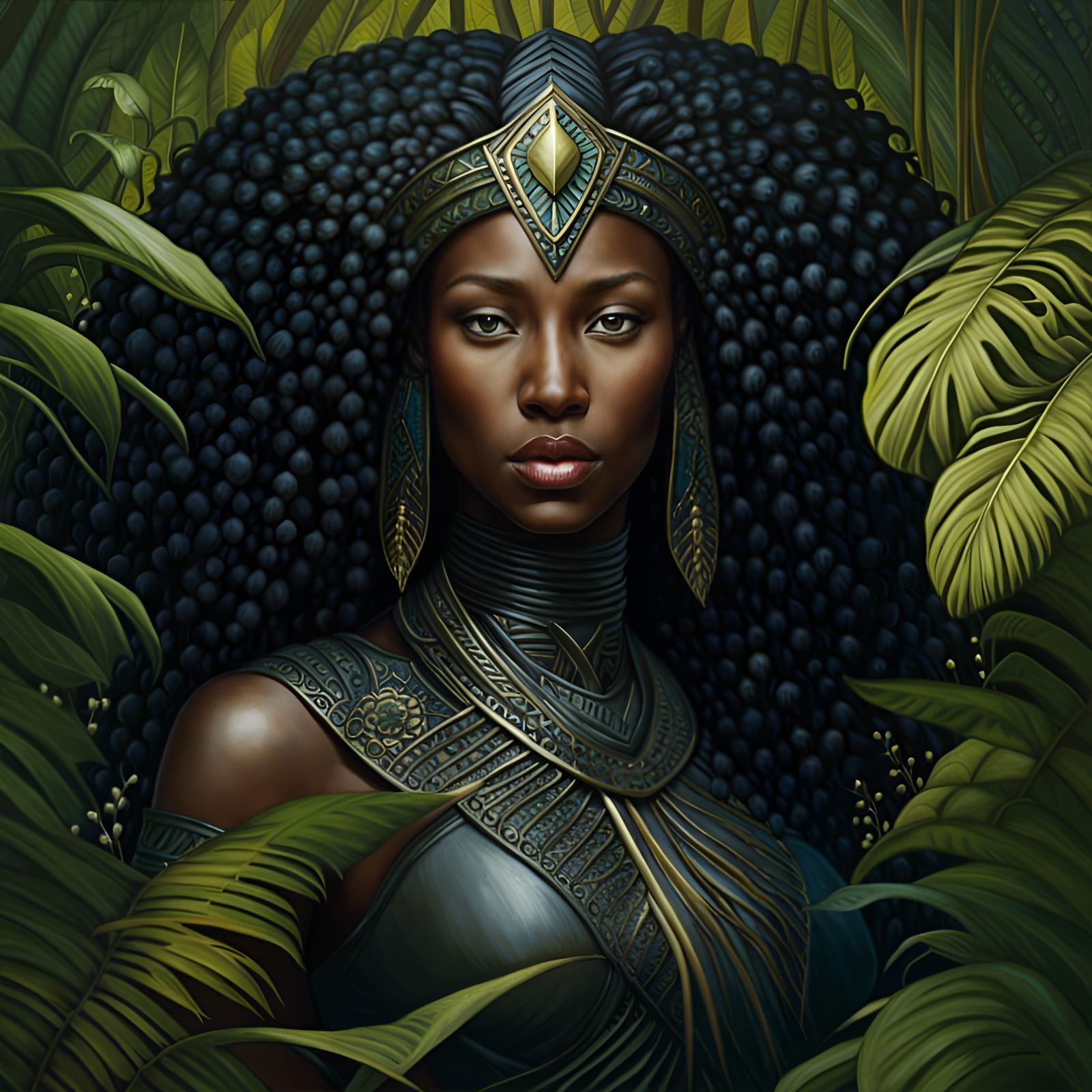 African Princess on Ebony Horse in Jungle