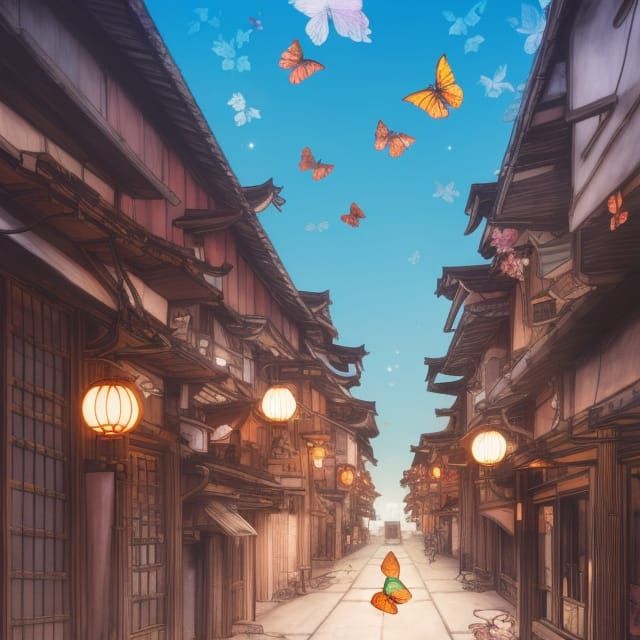 Antique Japanese Butterfly Street: Comic Book Illustration