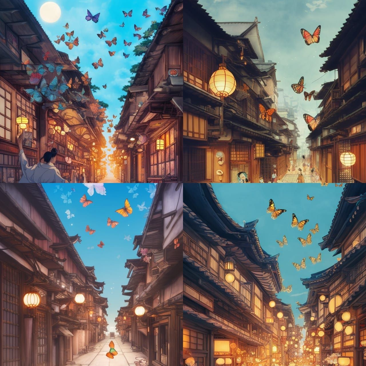 Antique Japanese Butterfly Street in Comic Book Style