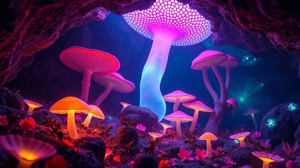 Neon Ant Colony in Bioluminescent Cave