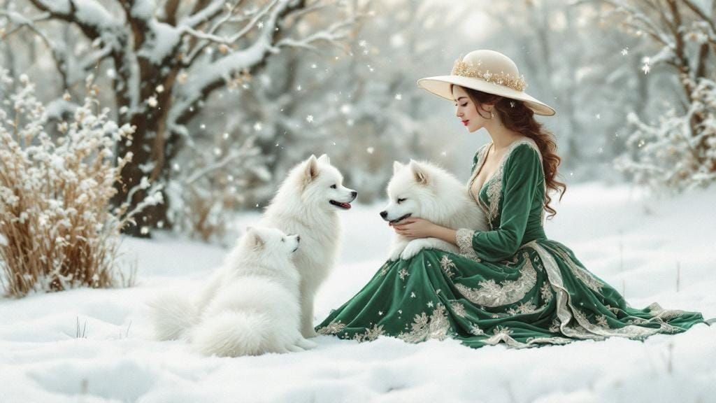 Woman with Samoyeds in Winter Landscape, Illustration