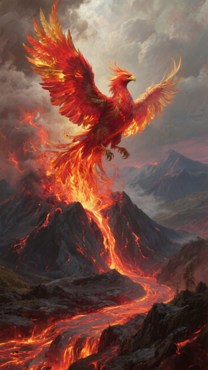 Phoenix Emerges from Volcano in Bierstadt Style