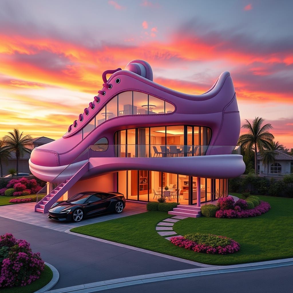 Luxury Sneaker House in Vibrant Sunset Landscape