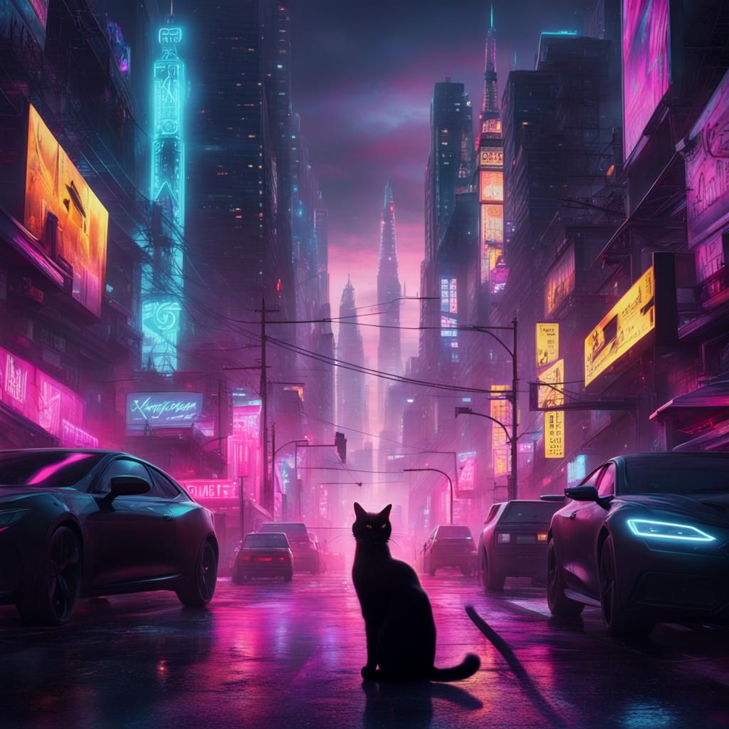 Black Cat Hunts in Brilliant Neon Cityscape