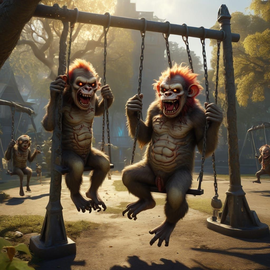 Zombie Monkey Clown Babies in City Park, Fantasy Art