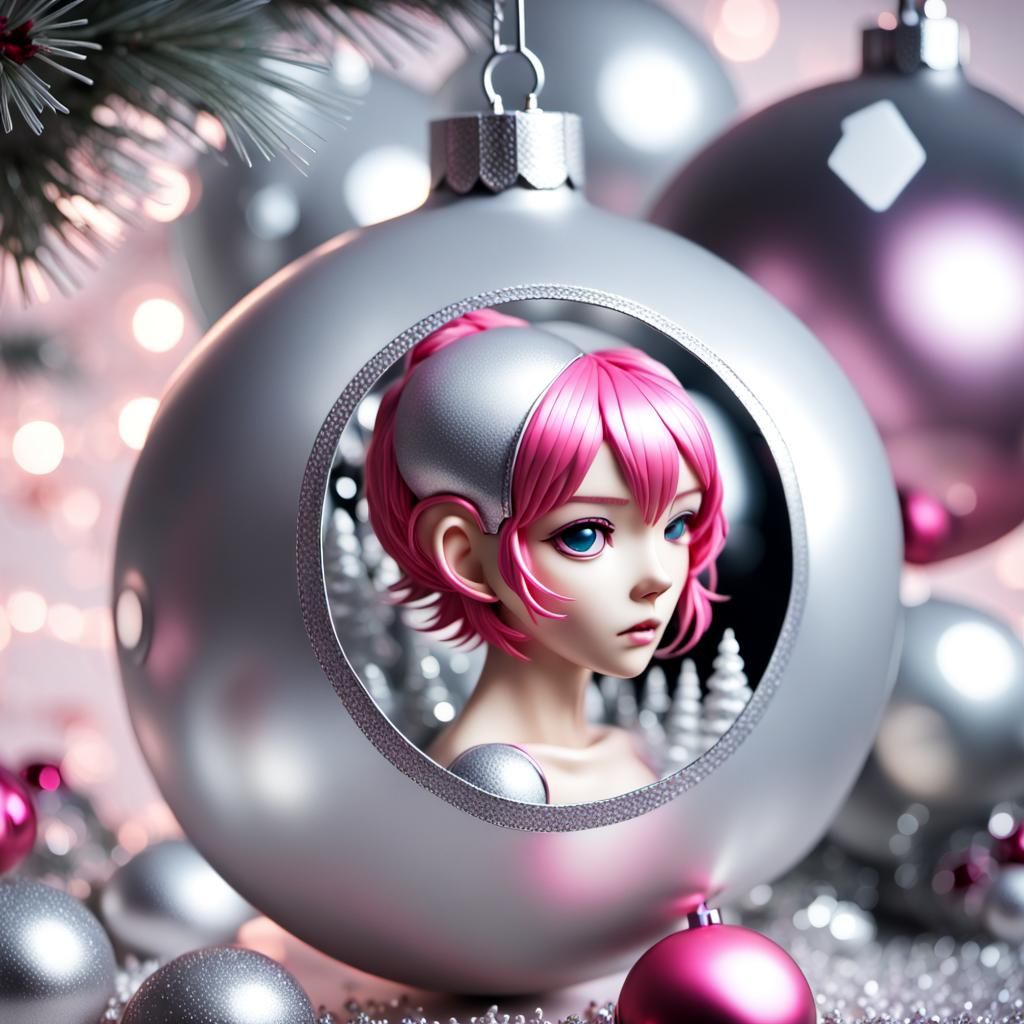 Pink-Haired Manga Girl Reflected in Christmas Ball