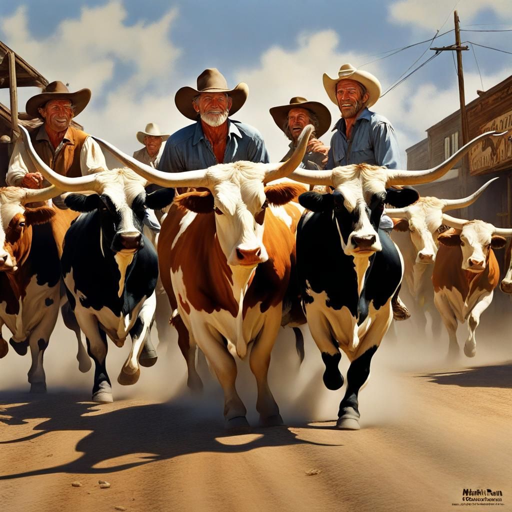Longhorn Steers Stampede in Western Town, Frazetta Style