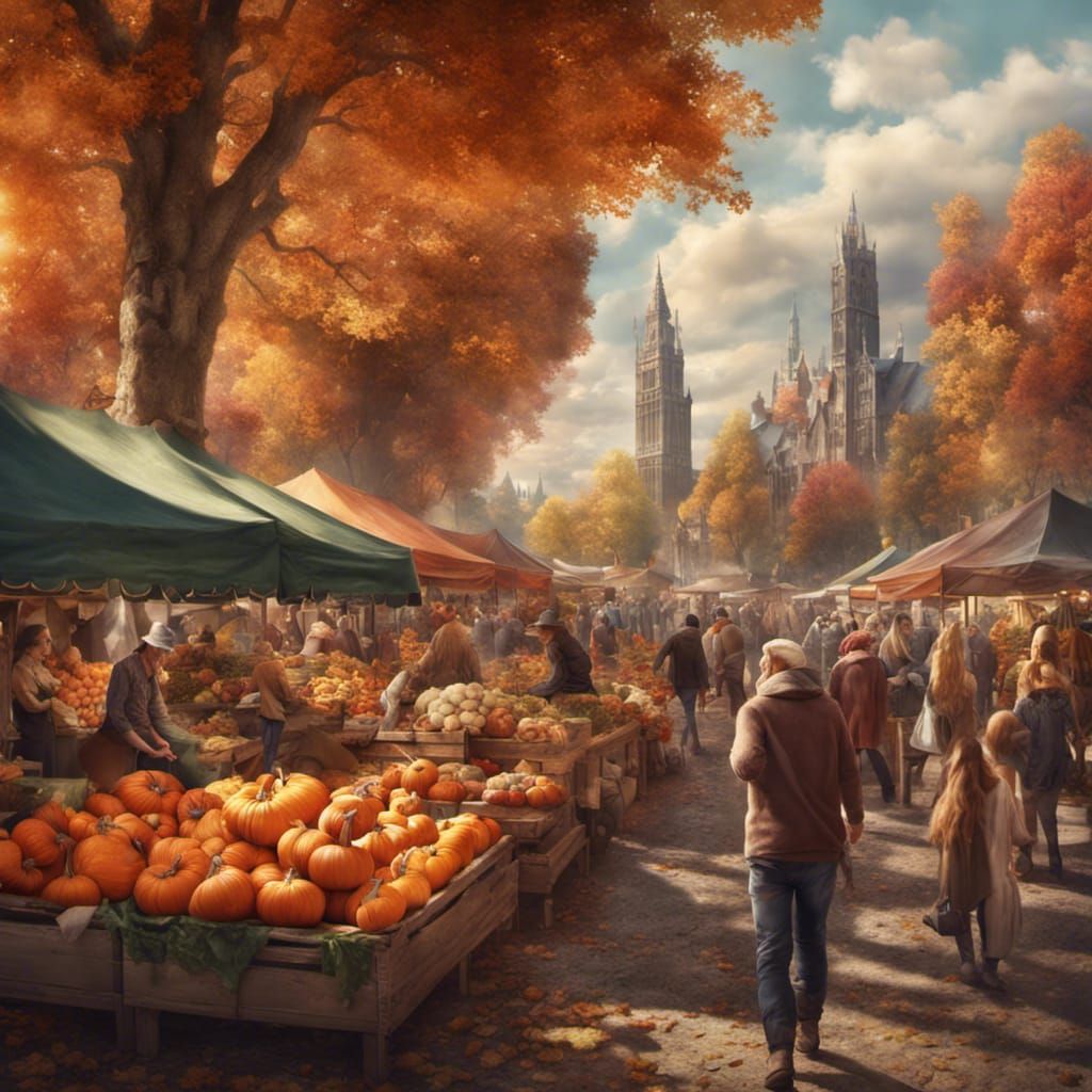 Autumn Farmers Market with Pumpkins in Park, Fantasy Art