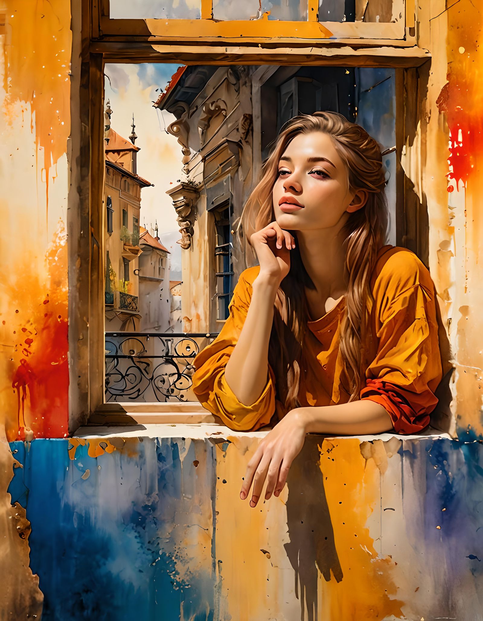 Young woman (18 years old) leaning on a window sill. (fairycore)Painting by Pino Daini (splash art , ink drawing, waterc...