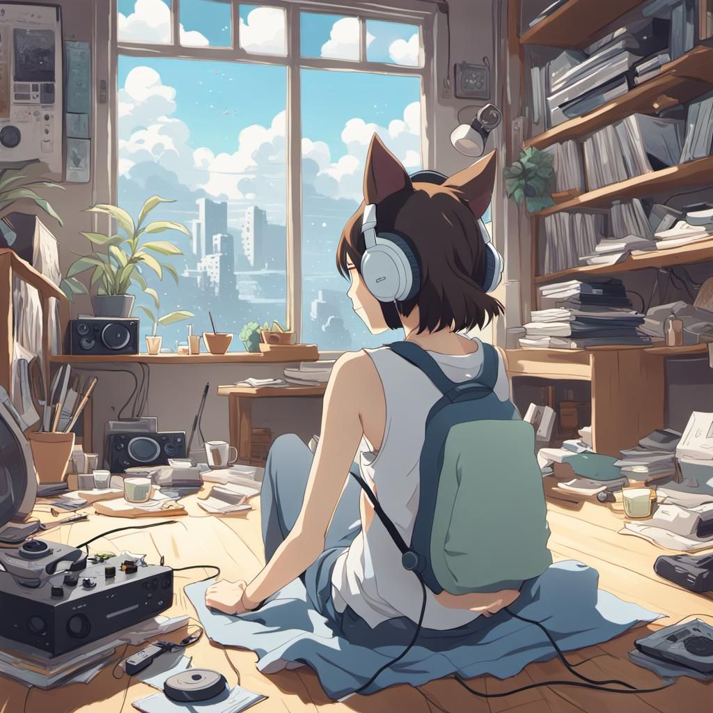 Anime Cat-Girl Relaxing in Messy Room