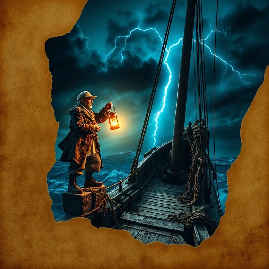 Weathered Sailor on a Decrepit Sailing Vessel in Turbulent S...