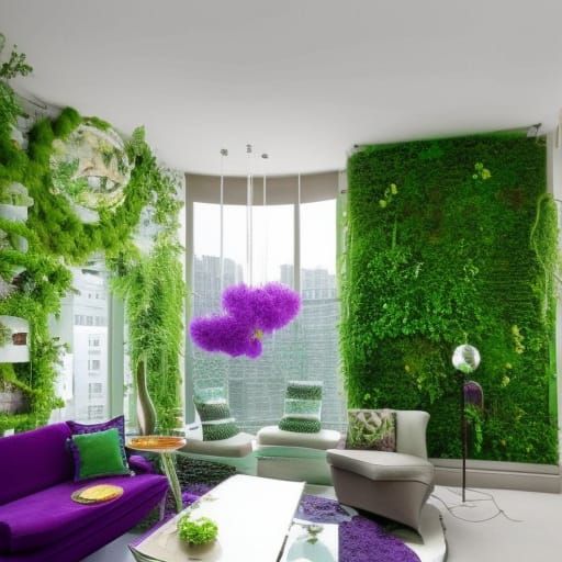 Fantasy world penthouse with Fantasy Green walls with plants growing all over them& Fantasy silver windows with purple c...