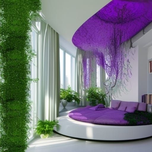 Fantasy world penthouse with Fantasy Green walls with plants growing all over them& Fantasy silver windows with purple c...