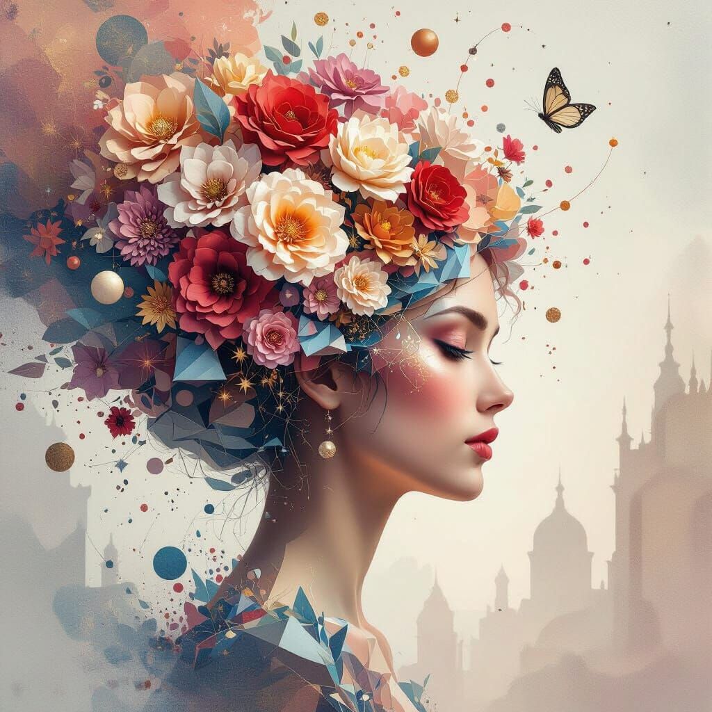 Dreamlike Woman Portrait with Floral Cosmic Hair