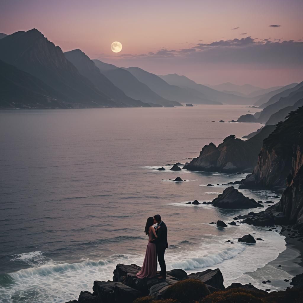 Romantic Couple Kissing in Mountain and Ocean Landscape